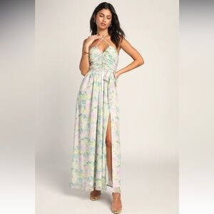 Effortlessly Abloom Green Multi Floral Ruched Halter Maxi Dress - Medium